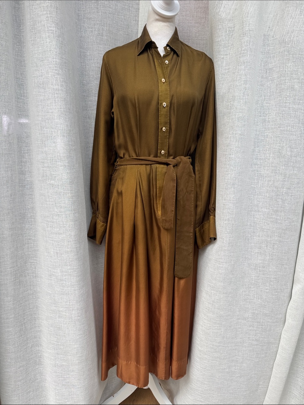 NWT Le Sarte Pettegole olive green-to-copper ombre gradient silk shirt dress